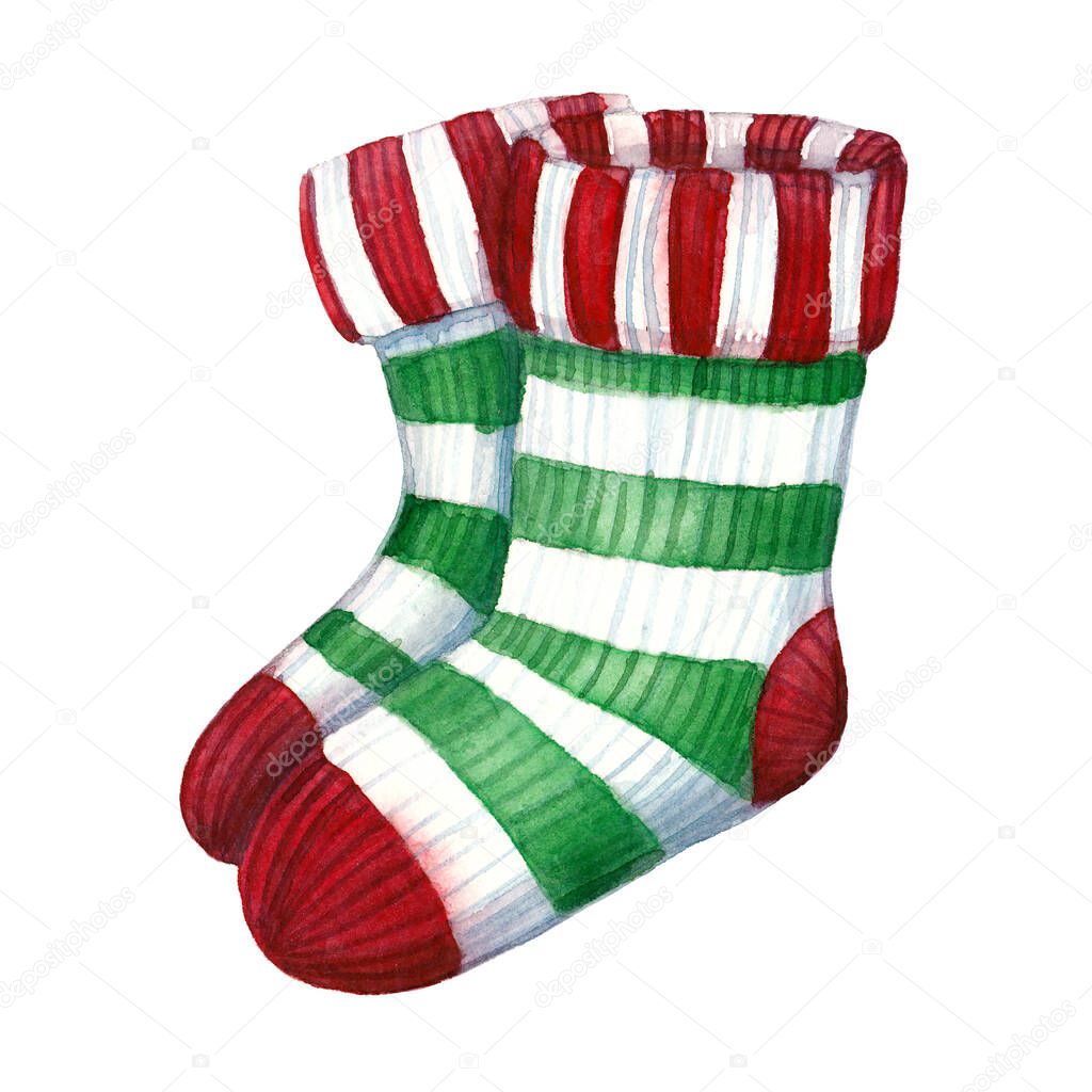 hand drawn watercolor illustration of pair of knitted red and green striped socks or stockings isolated on white - christmas, hygge and winter holidays