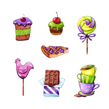 Beyaz arka planda el yapımı suluboya kek, şeker, çay fincanı ve çikolata seti. Yiyecek, tatlı ve parti konsepti