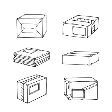 beyaz arkaplanda izole edilmiş paket ve paketlerin karalama seti. Posta servisi, posta teslimatı ve nakliye konsepti
