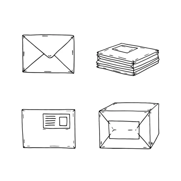 Line Art Doodle Set Parcel Box Letter Envelopes Isolated White — Stock Photo, Image