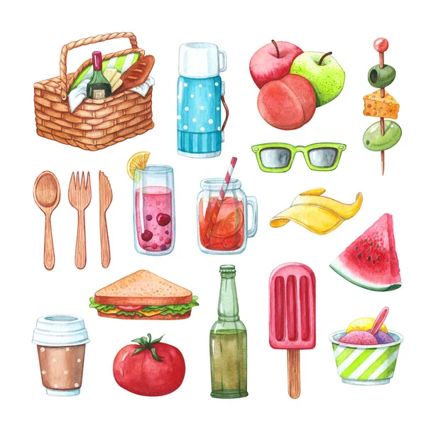 Hand Drawn Watercolor Clipart Set Summer Picnic Elements Isolated White — Stock Photo, Image