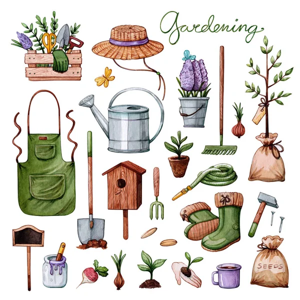 Handgetekende Aquarel Clipart Set Van Tuingereedschappen Apparatuur Geïsoleerd Witte Achtergrond — Stockfoto