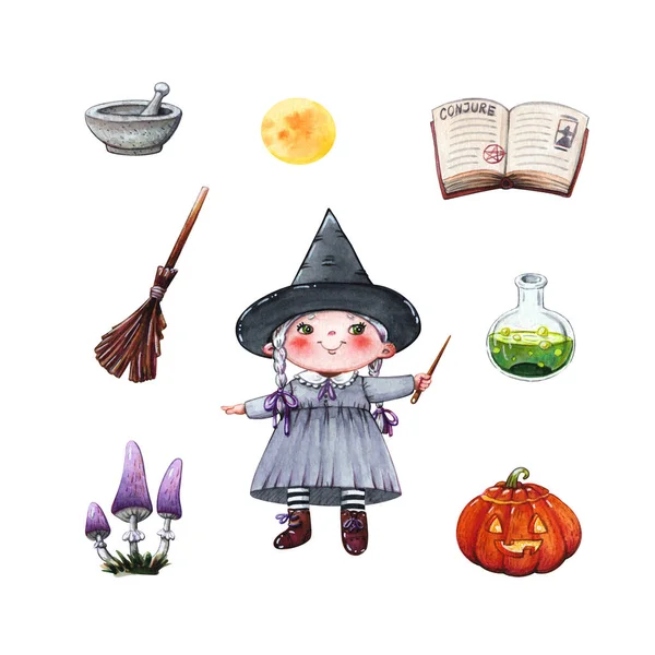 Handgezeichnetes Aquarell Cliparts Halloween Set Von Kleinen Hexenmädchen Mit Zauberstab — Stockfoto