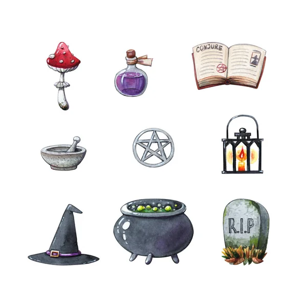 Hand Drawn Watercolor Clipart Halloween Set Witch Cauldron Hat Black — Stock Photo, Image