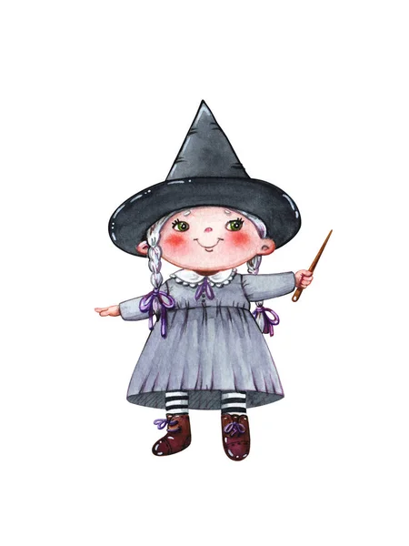 Hand Drawn Watercolor Clipart Halloween Set Witch Cauldron Hat Black — Stock Photo, Image