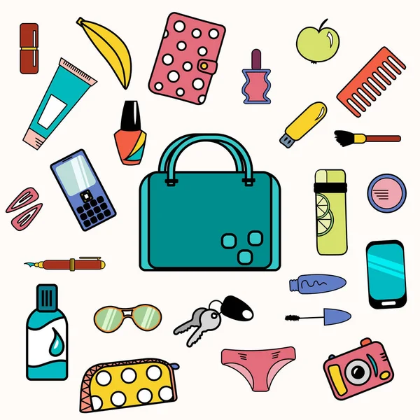 Wanita tas konten dengan smartphone, kosmetik dan botol minum - Stok Vektor