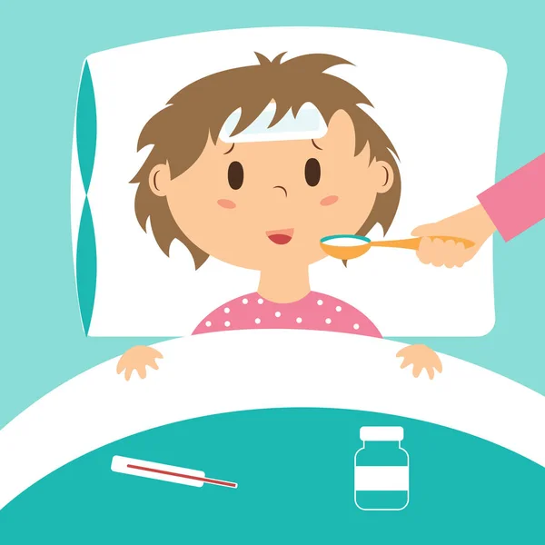 Больной ребенок принимает лекарства лежа в постели — стоковый вектор