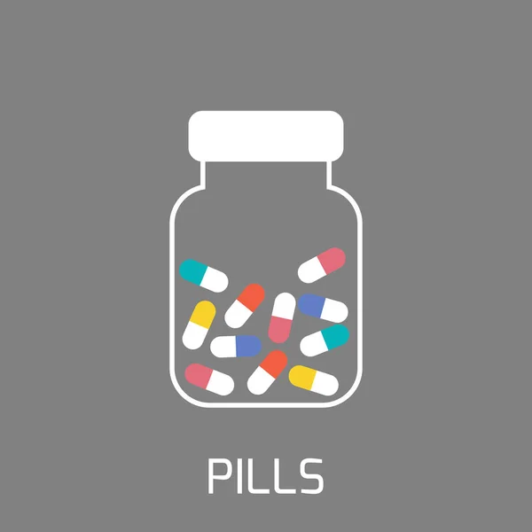Garrafa estilizada com pílulas coloridas brancas — Vetor de Stock