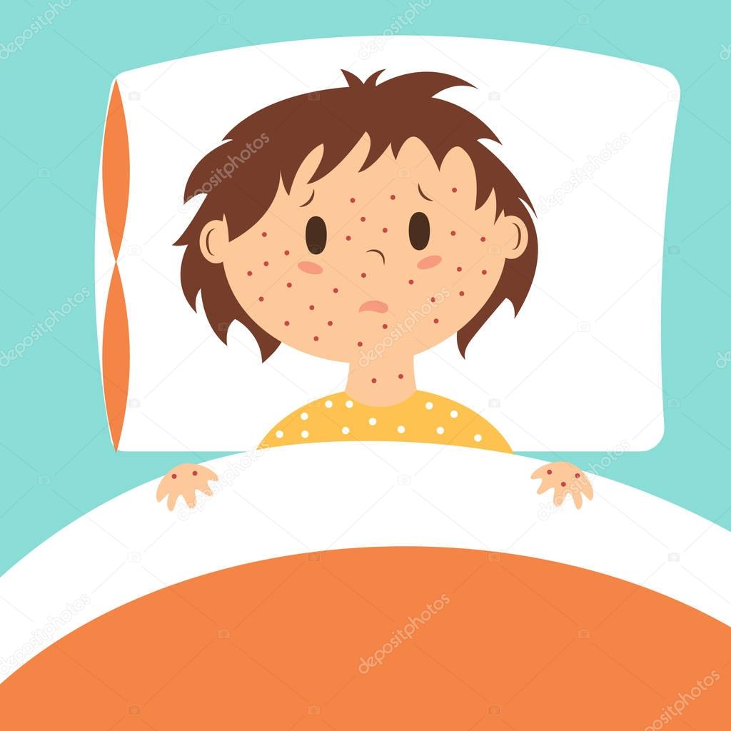 Vector image of kid with rash in bed