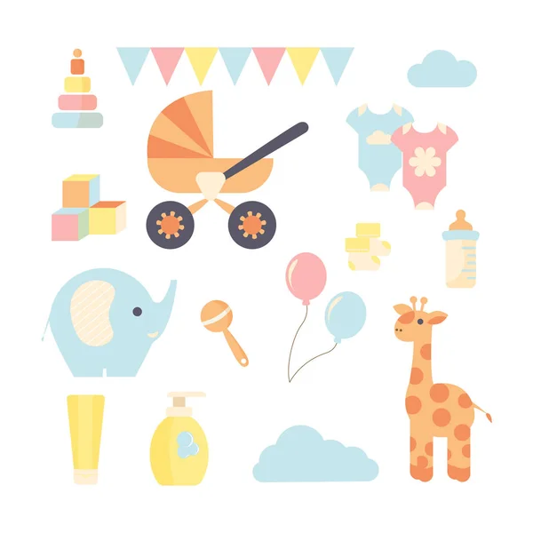 Ensemble coloré de jouets et d'icônes pour bébé — Image vectorielle