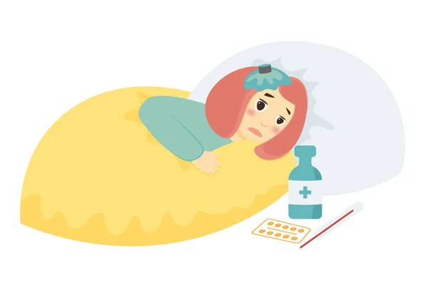 Chica enferma en la cama con tratamiento — Vector de stock