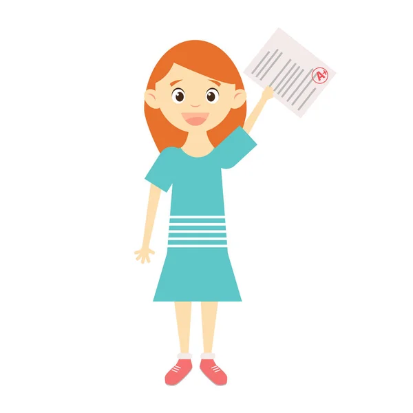 Ευτυχισμένος κορίτσι κρατώντας χαρτί με ένα σημάδι — Διανυσματικό Αρχείο