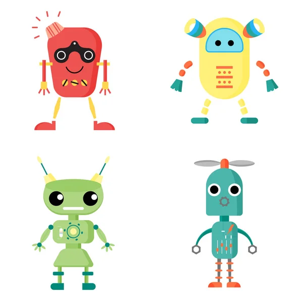 Ensemble de quatre personnages drôles de robots — Image vectorielle