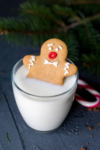 진저 브레드 남자 쿠키 우유의 유리에서 침 몰 — 스톡 사진