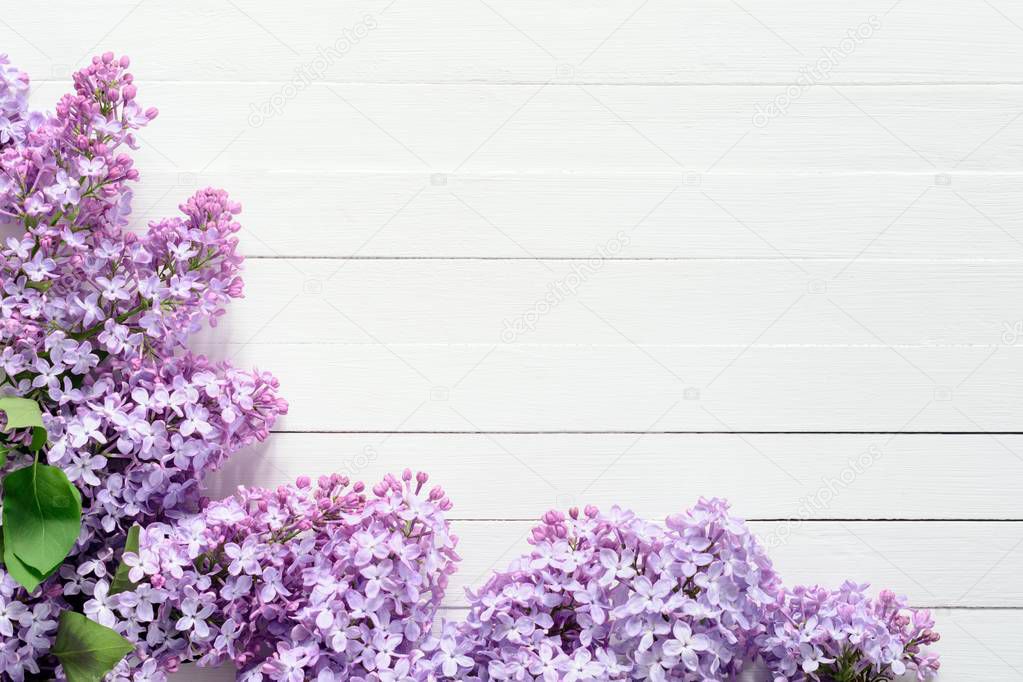 Lilacs on white wooden background. Floral frame — Stock Photo