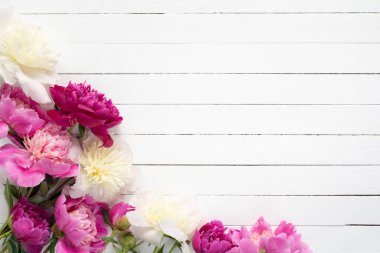 Peonies Beyaz ahşap zemin üzerinde çerçeve çiçek