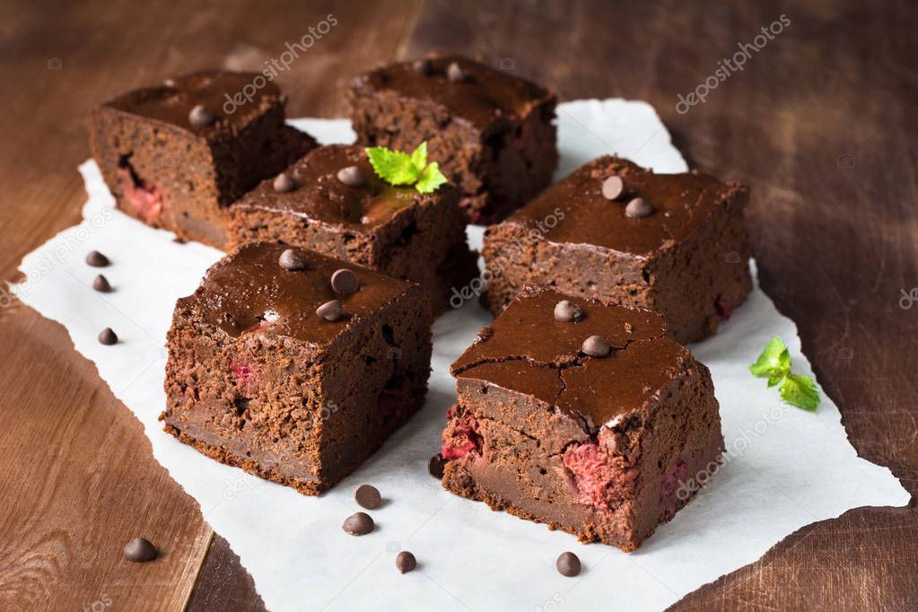 Dark chocolate brownie squares closeup view
