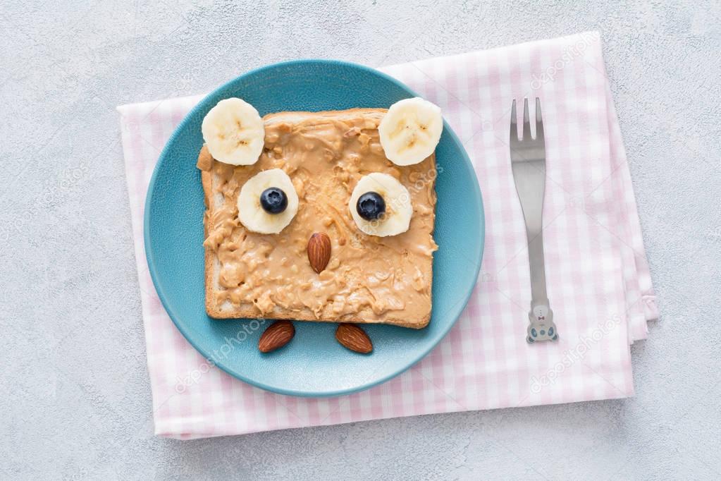 Peanut butter toast in shape of owl for kids healthy meal