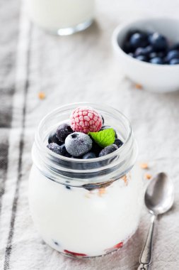 Yaban mersini ve ahududu bir kavanoza yoğurt