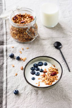 Yaban mersini ve granola ile yoğurt. Sağlıklı kahvaltı gıda