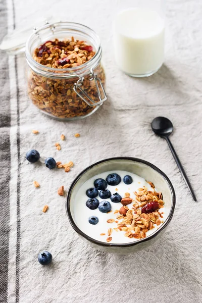 Yaban mersini ve granola ile yoğurt. Sağlıklı kahvaltı gıda
