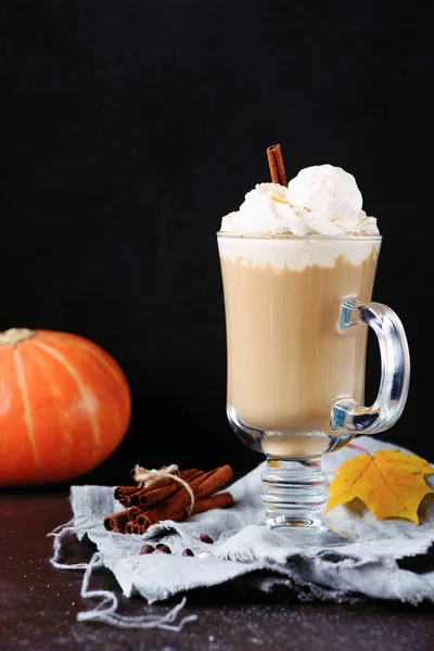 Coffee with whipped cream and cinnamon or pumpkin spice latte in mug — Stok fotoğraf