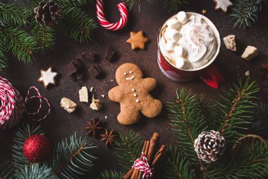 Fincan sıcak çikolata, çerezler ve şeker kamışı ile Noel ya da kış natürmort