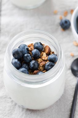 Yoğurtlu taze yaban mersini ve granola bir kavanoz içinde