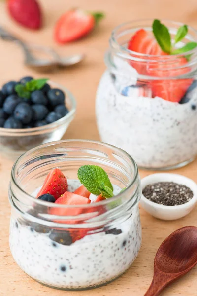 Chia seed pudding with fresh strawberries and blueberries