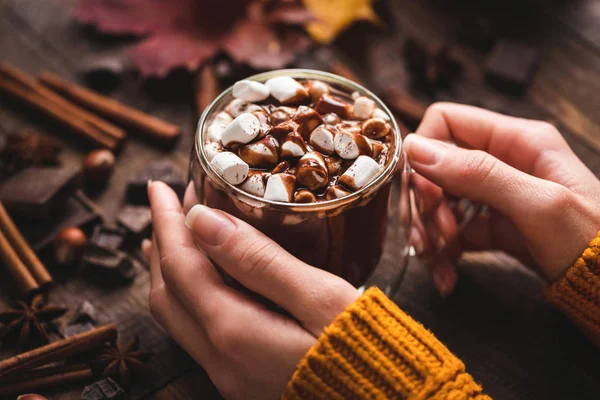 Sıcak çikolata içer holding eller — Stok fotoğraf