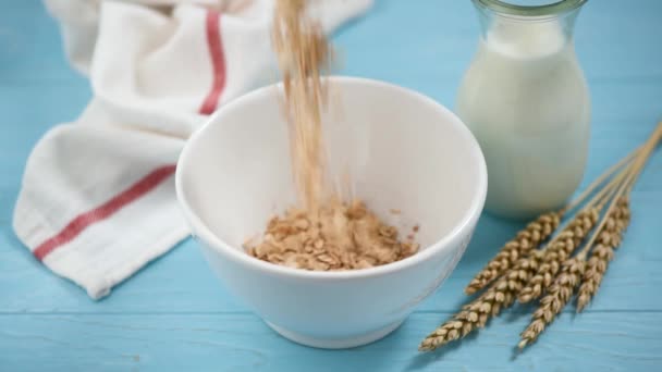 Slow Motion Oat Flakes Rolled Oats Falling White Ceramic Bowl — Stock Video