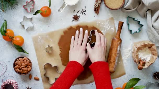 冬の休日のためのジンジャーブレッドクッキーを準備女性クリスマスや新年 最上階だ時間経過調理プロセス — ストック動画