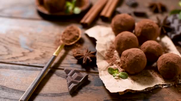 Deliciosas Trufas Chocolate Caseras Con Cacao Polvo Trufas Chocolate Vegano — Vídeos de Stock