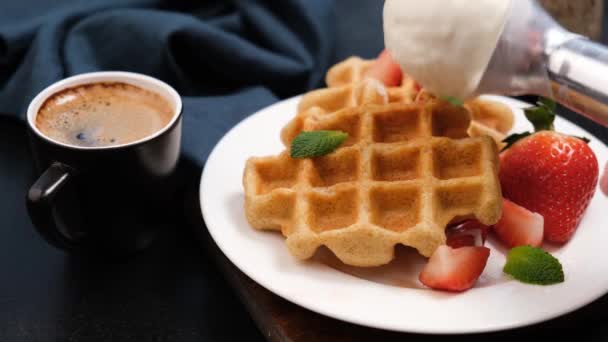 Chef Put Scoop Vanilla Ice Cream Belgian Waffles Tasty Crispy — Stock Video