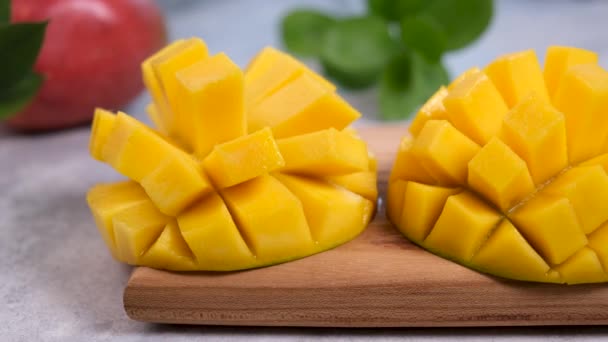 Mango Slice Cut Cubes Wooden Board Closeup View Healthy Ripe — Stock Video