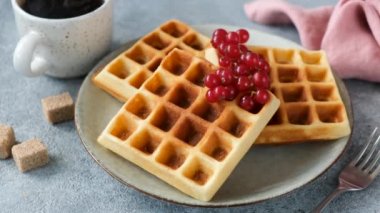 Meyveli Belçika waffle 'ı. Kadın eli tatlı waffle 'larına taze yaban mersini ekliyor.