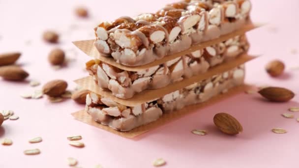 Almond Protein Bars Pink Background Closeup View Tasty Fitness Granola — Stock Video