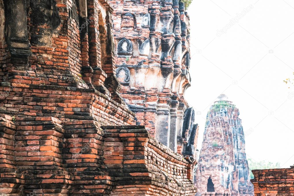 Ruins of the temple walls in the Ayutthaya period, Phra Nakhon Si Ayutthaya ,Thailand.