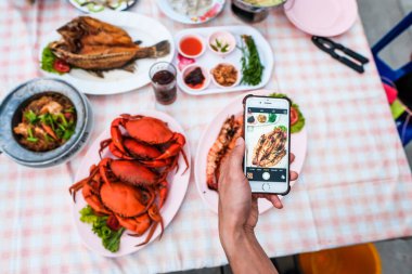 Mobil olarak pembe masa örtüsü üzerinde çeşitli yemek resimleri..