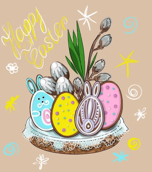 Easter holiday gingerbread cookies in a basket on a beige background — Zdjęcie stockowe