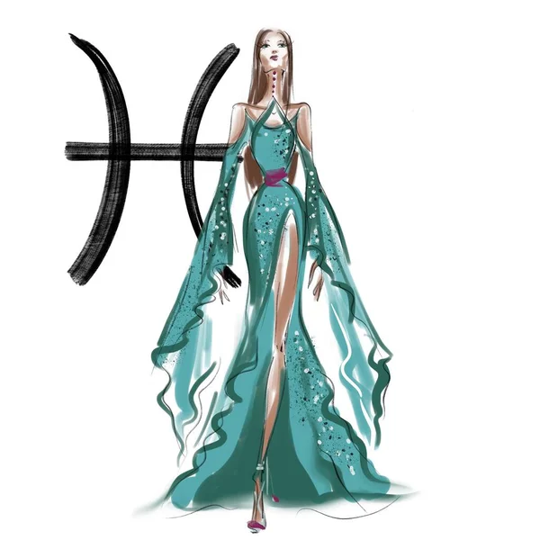 Horoskopzeichen mit modischen schönen Mädchen Fische — Stockfoto