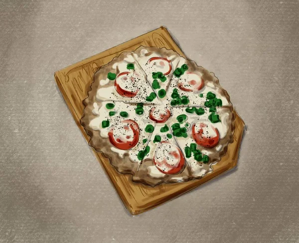 Träskiva med hälsosam och välsmakande pizza — Stockfoto