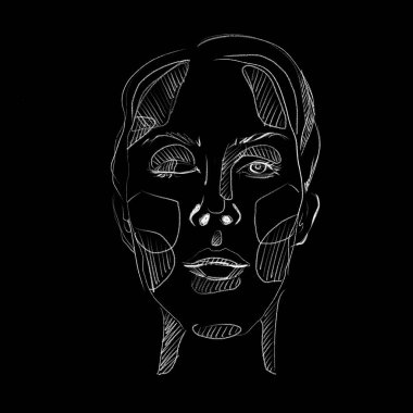 Siyah bir arkaplanda beyaz çizgili göz kırpan yüz