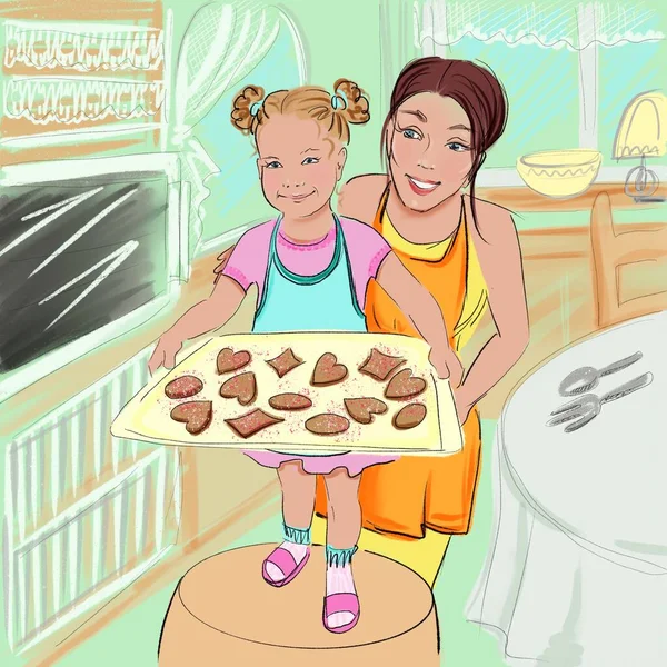 Mujer feliz con niña hornear galletas en casa en un ambiente agradable hogar — Foto de Stock