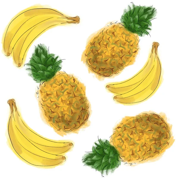 Fond coloré avec des illustrations de fruits exotiques mûrs savoureux banane et ananas — Photo