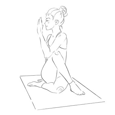 Ahenk ve sağlık için yoga yapan güzel bir kızın tasviri. Siyah çizgiler yakın çekim grafikleri.
