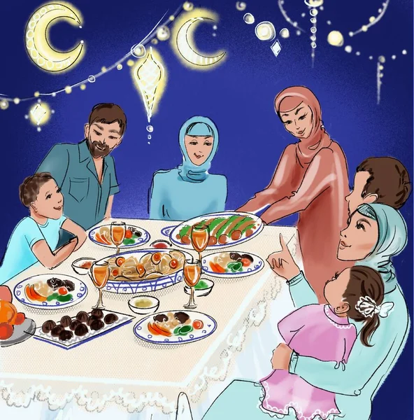 Sketch illustration in the style of the Muslim religion with the image of the Iftar festive feast — Stock Photo, Image