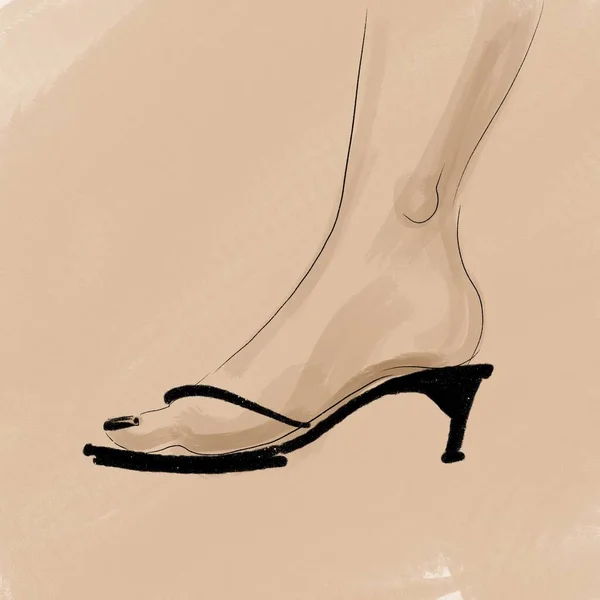 Skizze Illustration weiblicher Fuß in sommerlichen offenen Schuhen — Stockfoto