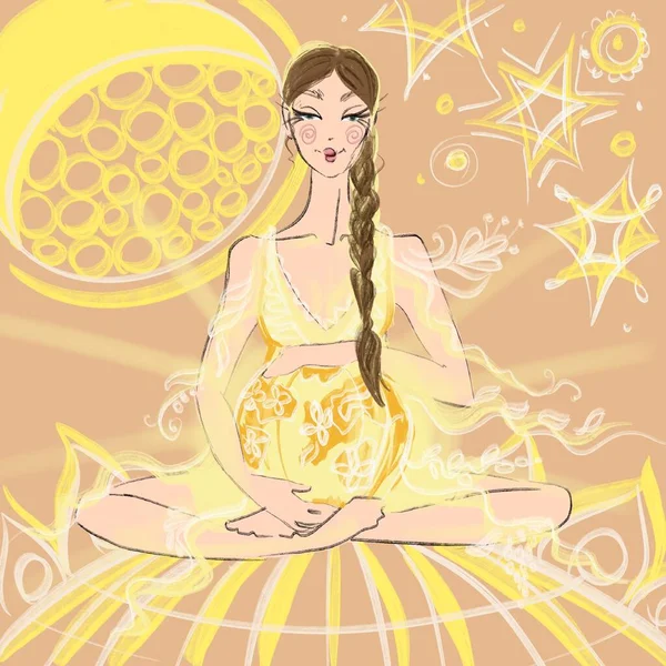 Иллюстрация беременной женщины, медитирующей в позе йоги с внутренним советом — стоковое фото