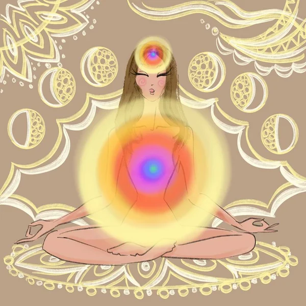 一个女人在瑜伽姿势中冥想的例子，带有内在的建议 图库图片